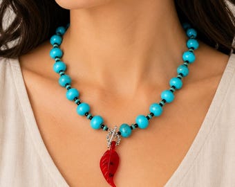 Turquoise Coral Necklace, Beaded Boho Choker, Chunky Gemstone Jewelry Gift for Women