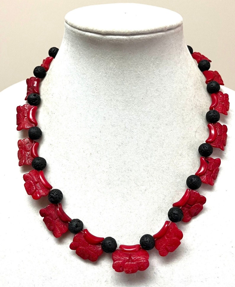 Red and Black Necklace, Red Coral Black Lava Necklace, Carved Coral ...