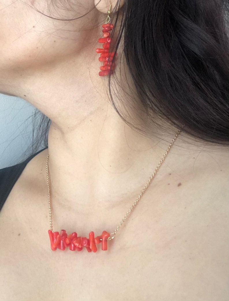 Red Coral Bar Layered Necklace, Red and Gold Necklace, Coral Earrings