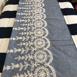 2-1/2 Yards Vintage Blue with White Machine Embroidered Design Fabric 2 1/2 Yards