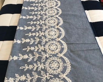 2-1/2 Yards Vintage Blue with White Machine Embroidered Design Fabric 2 1/2 Yards