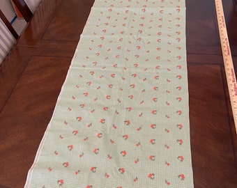 5 Yards Vintage Green & White Check w/Embroidered Flowers Light Weight Cotton Blend Fabric