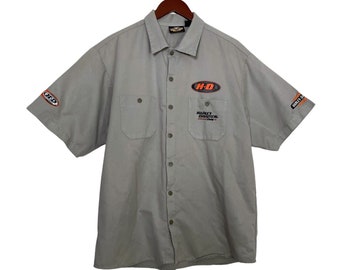 Harley Davidson Garage Racing Button Down Short Sleeve- Gray- Men’s NO Size- biker- mechanic shirt