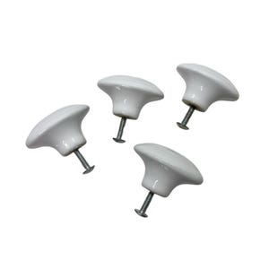 May include: Four white ceramic cabinet knobs with a smooth, glossy finish. Each knob has a rounded, mushroom-like shape and is attached to a metal screw. The knobs are arranged at different angles against a white background.