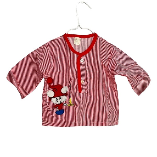 Vintage Baby Red Striped Pajama Top Shirt- Mouse Appliqué- Size 1/2- vintage clothing- vintage fashion- baby clothes