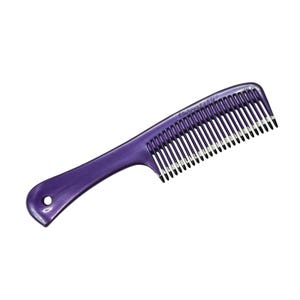 May include: A purple comb with a handle and fine teeth. The comb has a rounded handle with a hole for hanging. The teeth are black with white tips. The comb is made of plastic and is designed for hair grooming.