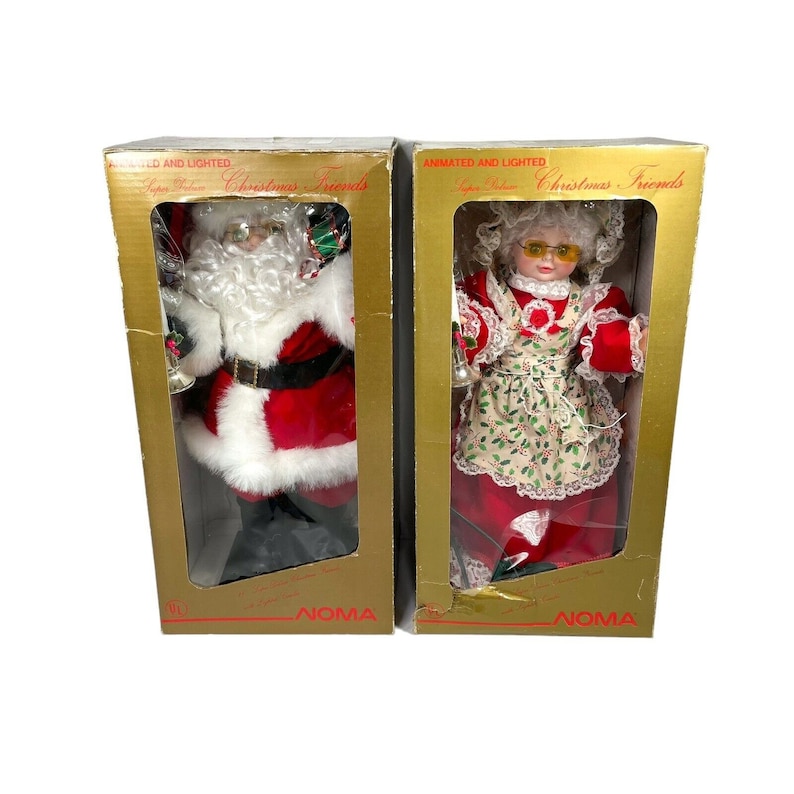 Vintage Noma Christmas Animatronic Mr & Mrs Claus Figures, W/ Boxes