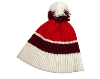 Vintage Striped Ski Snow Beanie Warm Knit- Pom Pom- Red White- vintage clothing- vintage fashion- winter hat