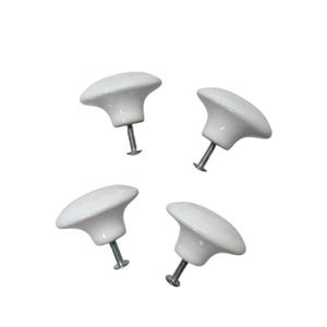 May include: Four white ceramic cabinet knobs with a mushroom-shaped design. Each knob has a silver-colored screw for easy installation. These knobs are a simple and elegant choice for updating furniture.