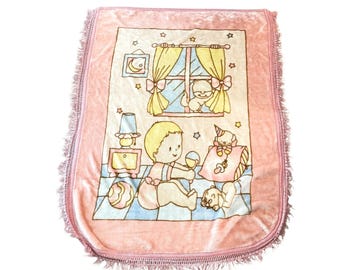 Vintage Novatex? Plush Baby Crib Blanket Beige Pastel Pink Crochet Trim Fringe 60x42- vintage baby blanket- baby nursery