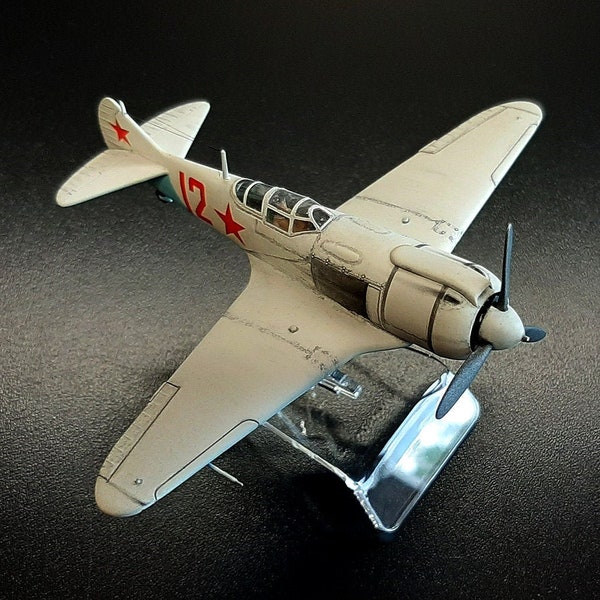 Lavochkin La-5 FN. WWII Soviet fighter plane. Hand made scale miniature model. On stand.