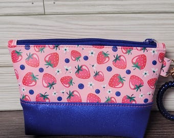 Wristlet purse, strawberry print vinyl/ zipper pouch wristlet/ small purse