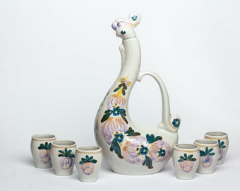 Vintage Duck Decanter Set, Floral Porcelain Barware, 1970s Ukrainian Vodka Shot Glasses