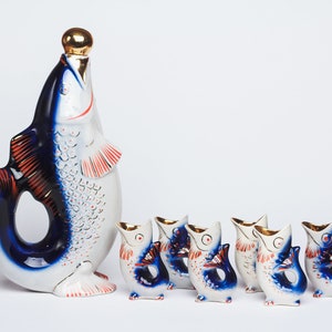 Fish Decanter Ukrainian Drinking Set Porcelain fish Carafe Vodka Whiskey Shot Glasses Christmas gift for him couple Vintage barware