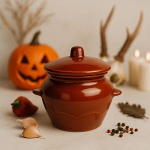 Könnte beinhalten: Ein glänzender, brauner Keramiktopf mit Deckel und dekorativen Details. Der Topf steht vor einem geschnitzten Kürbis, Kerzen und dekorativen Elementen, was ein Herbstthema suggeriert.