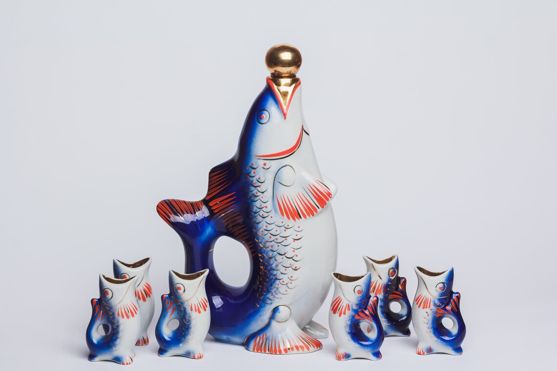 Fish Decanter Rare Gold Soviet Set Porcelain fish Carafe Vodka Etsy