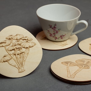 Conjunto de 6 bases para cogumelo, cogumelo venenoso, fatia de madeira, decoração para casa, fly agaric amanita, porta-copos gravados