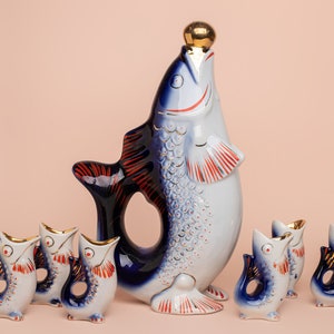 Fish Decanter Drinking Set Porcelain fish Carafe Vodka Shot Glasses gift for him couple Man&#39;s gift Liqueur Blue Vintage barware