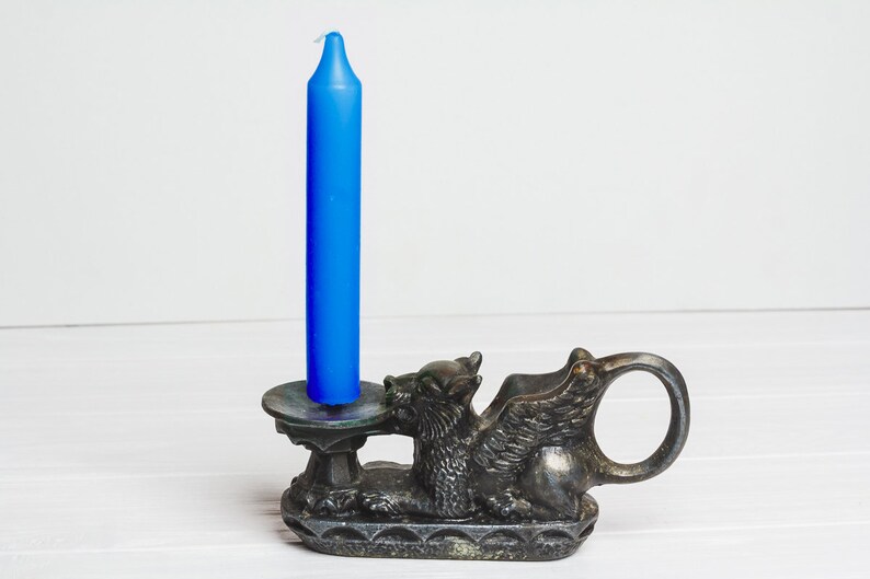 Vintage winged lion candle holder Black Gryphon candlestick Etsy