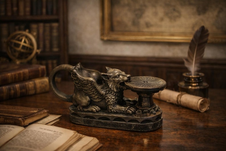 Vintage metal gothic candle holder Whimsigothic Griffin winged lion candlestick image 1
