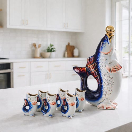 Vintage Fish Decanter Set, Ukrainian Porcelain Gurgling Jug With