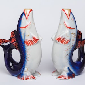 Fish Decanter Drinking Set Porcelain fish Carafe Vodka Whiskey Shot Glasses Ukrainian gift for him couple Man&#39;s gift Vintage barware