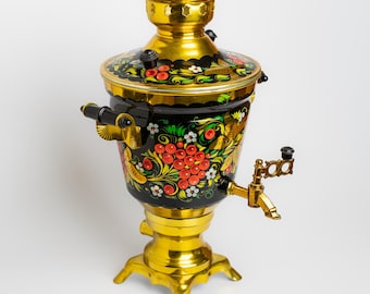 Vintage Samovar - Electric Soviet Gold with black handpainted Khokhloma Samovar, Traditional Folk Art - Collectible gift for tea lover