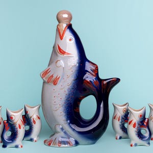 Fish Decanter Ukrainian Drinking Set Porcelain fish Carafe Vodka Whiskey Shot Glasses Christmas gift for him couple Vintage barware