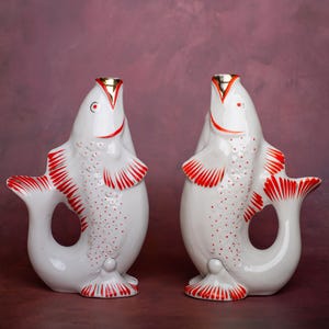 Vintage Fish Decanter Set of 2 Gurgling Fish Jugs White Fish Carafe Ukrainian Vintage Glassware Newlywed gift for couple Housewarming gift