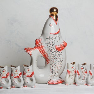 Fish Decanter Ukrainian Drinking Set Porcelain fish Carafe Vodka Whiskey Shot Glasses Christmas gift for him couple Vintage barware