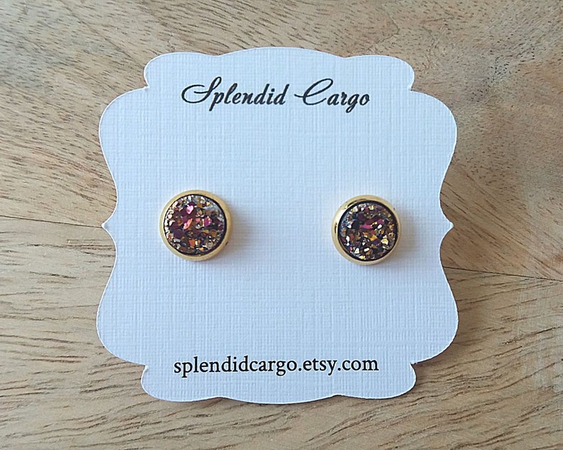 8mm Stud Earrings Gold Druzy Resin Post Earrings