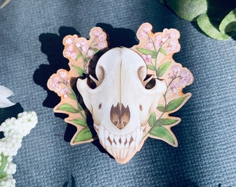 Wooden Lapel Pin Wolf Skull and Flowers