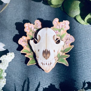 Wooden Lapel Pin Wolf Skull and Flowers