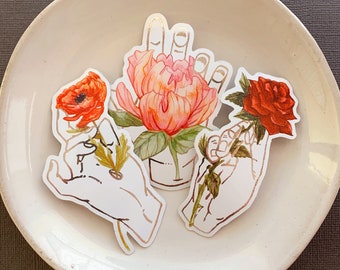 Floral Hands Vinyl Sticker Set - Peony, Poppy, and Rose