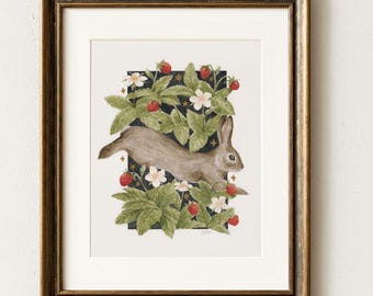 Bunny and Wild Berries Art Print – Whimsical Cottagecore Nature