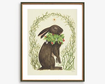 Black Rabbit with Hawthorn Wreath Art Print