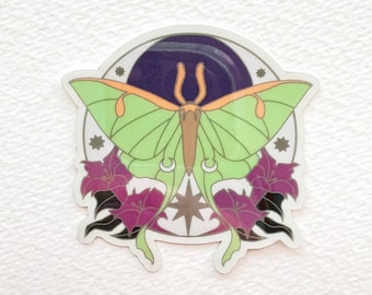 Glow in the Dark Luna Moth Vinyl Sticker - Night Time, Datura, Crescent Moon