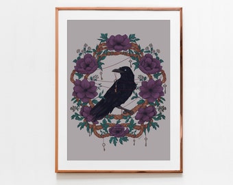 Raven and Anemones Gothic Wall Art Print