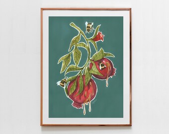 Bumble Bee Pomegranate Watercolor Art Print | Botanical Nature Insect Wall Art