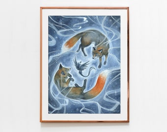 Celestial Foxes and Star Bird Art Print - Fire Flight