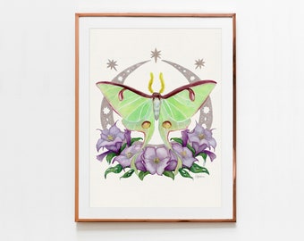 Luna Moth Crescent Moon Art Print