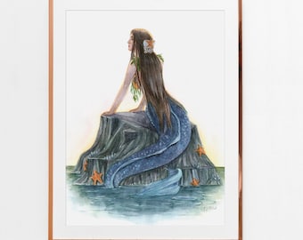 Mermaid Watercolor Art Print: Mermay Folklore Illustration