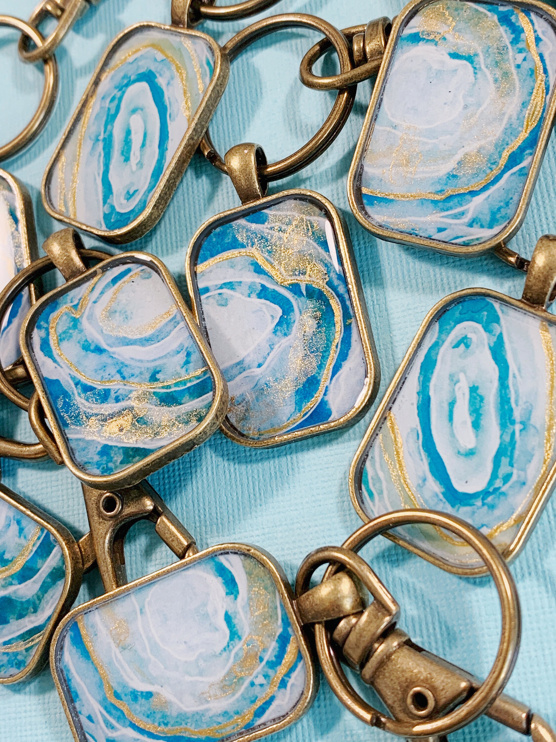 Teal Agate With Gold Details Resin Art Keychain - Etsy