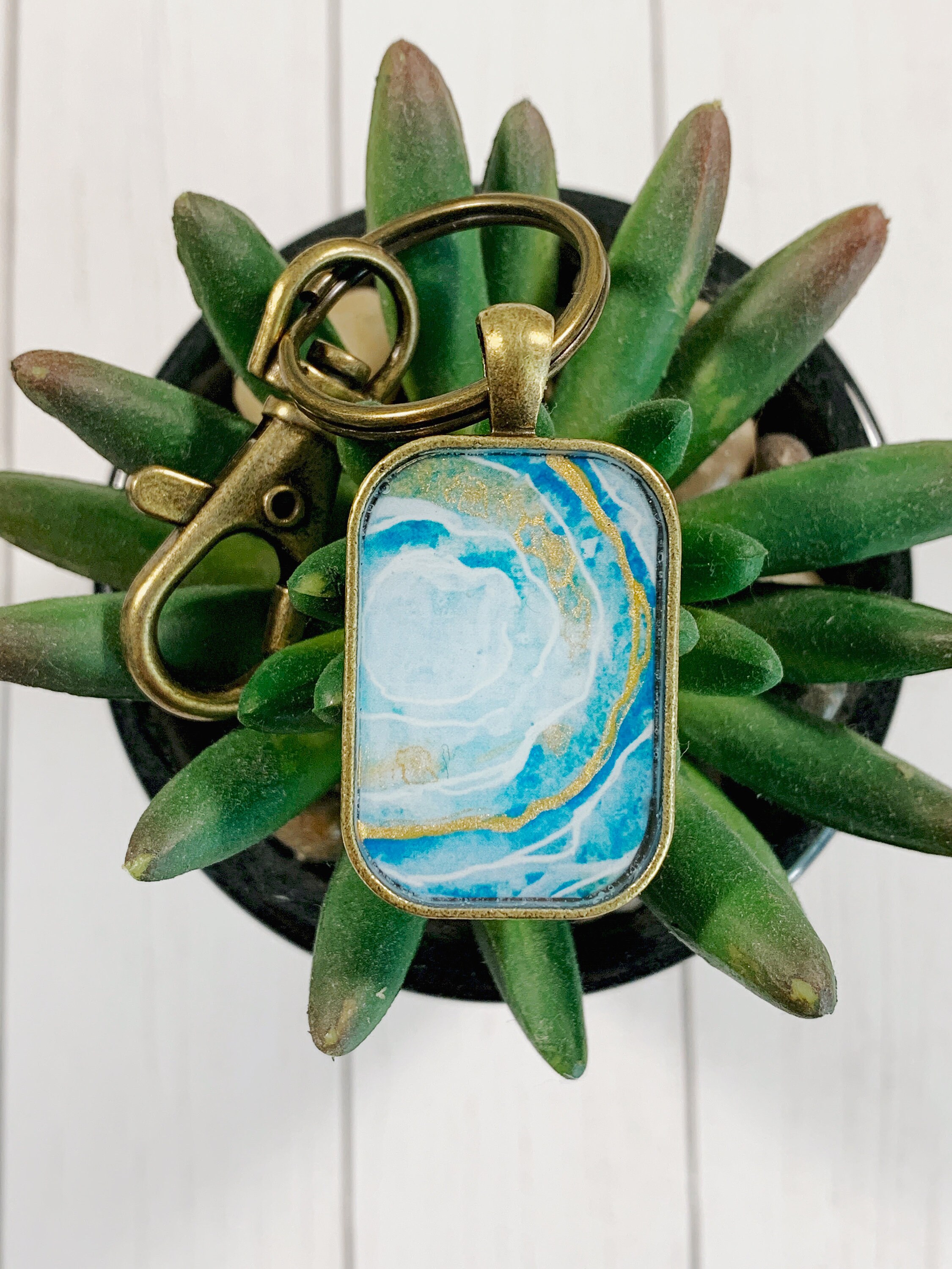 Teal Agate With Gold Details Resin Art Keychain Etsy