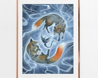 Magical Foxes and Blue Bird Fine Art Print - Whimsical Celestial Nature Giclée
