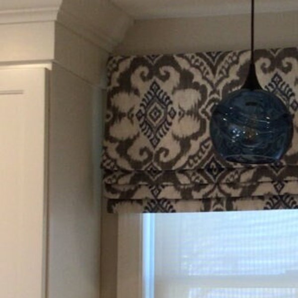 Pretty Ikat Medallion!  Grey Blue White Faux Roman Shade Valance Window Treatment Living Bedroom Bath Kitchen Dining Office