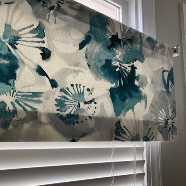 Modern Floral Teal Grey White - Valance Window Treatment Bedroom Bathroom Kitchen Laundry