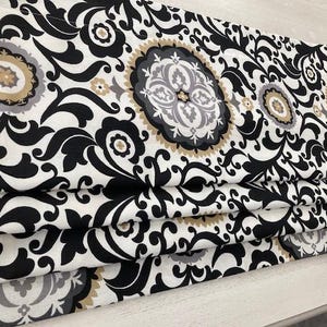 Pretty Suzani!  Black Gold Grey Ivory Swirls - Faux Roman Shade Valance Window Treatment Bathroom Living Kitchen Office Laundry