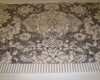 Farmhouse Dark Grey Stone Oatmeal Damask Medallion Ticking Hem - Faux Roman Shade Window Treatment Living Kitchen Dining