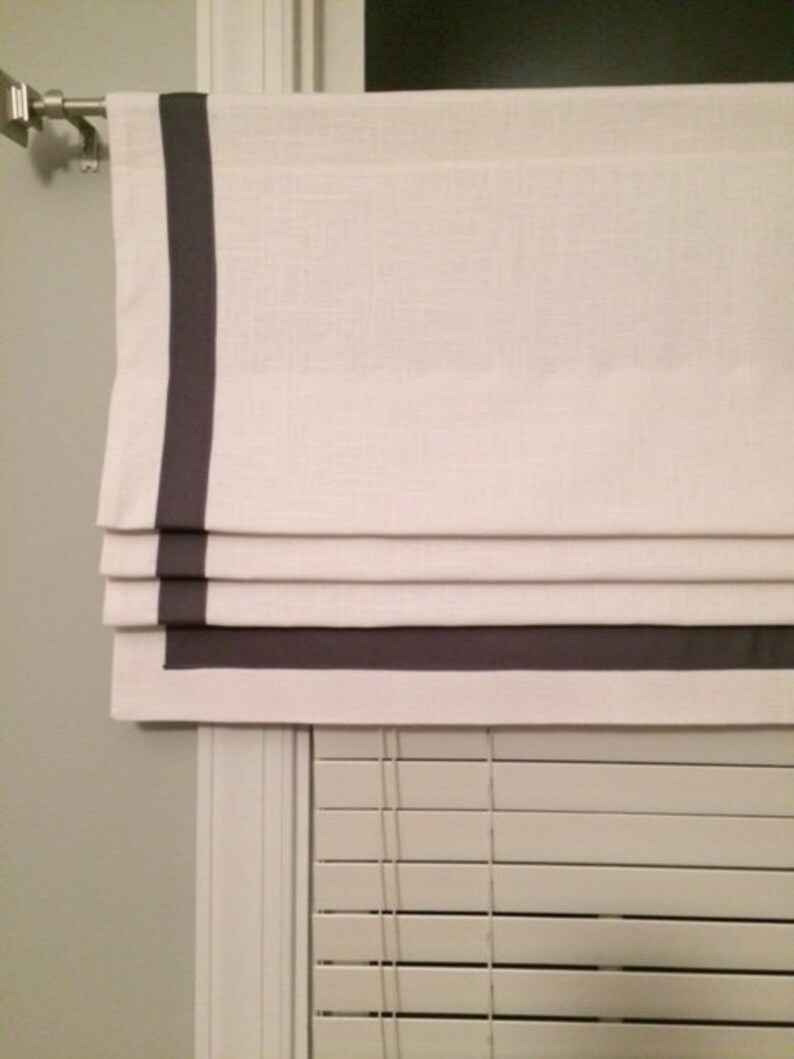 White Linen Pewter Grey Grosgrain Ribbon Faux Roman Shade Etsy